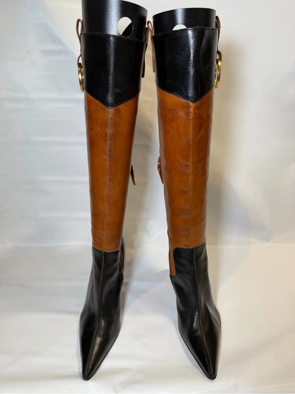 Vintage Dolce & Gabbana Black & Tan Leather Pointed Toe Knee High Boots IT 36 6